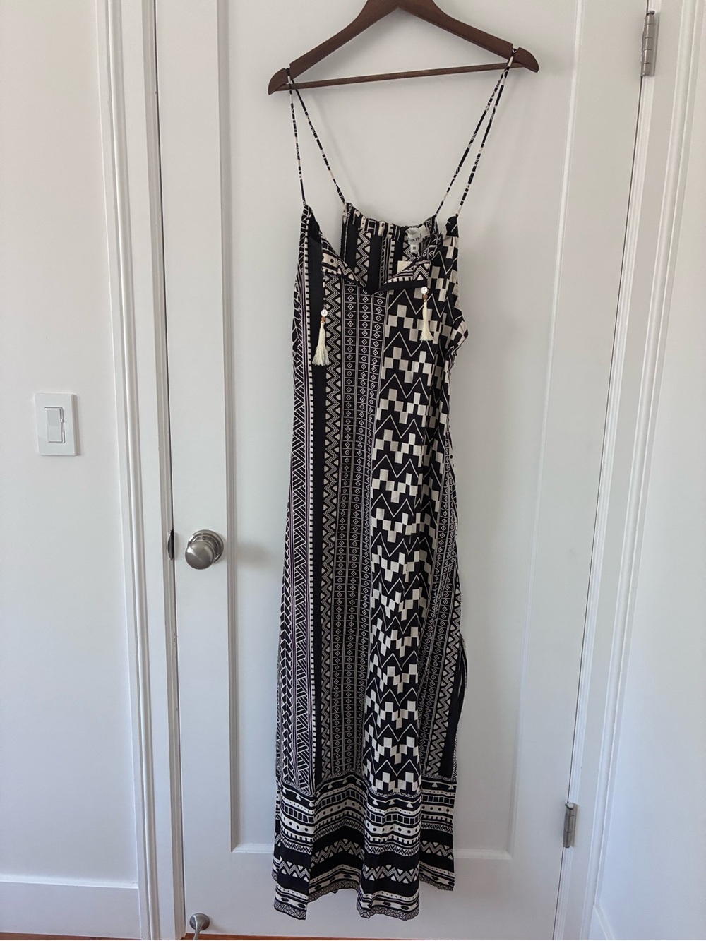 Black & White Geometric Print Maxi Dress with Tassel Straps